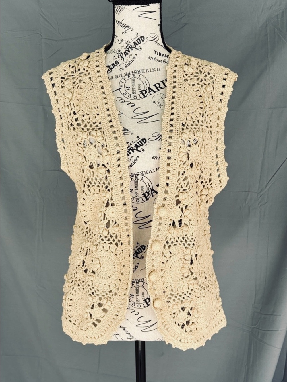 /Actif Vintage-Style Crochet Sleeveless Cardigan Vest hippie cottagecore  Sz S